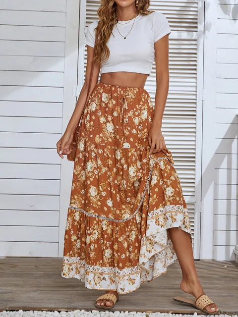 Jastie Boho Retro Floral Print Skirts Women 2022 Summer High Waist A-Line Pleated Long Skirts Casual Holiday Beach Skirt