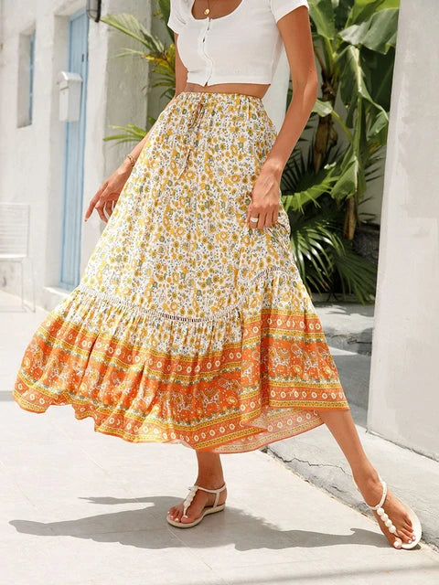 Jastie Boho Retro Floral Print Skirts Women 2022 Summer High Waist A-Line Pleated Long Skirts Casual Holiday Beach Skirt