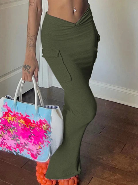 Joskaa Gray High Waist Pocket Pleated Maxi Skirt Women Clothes Summer 2022 Casual Irregular Bodycon Long Skirts Sexy Streetwear