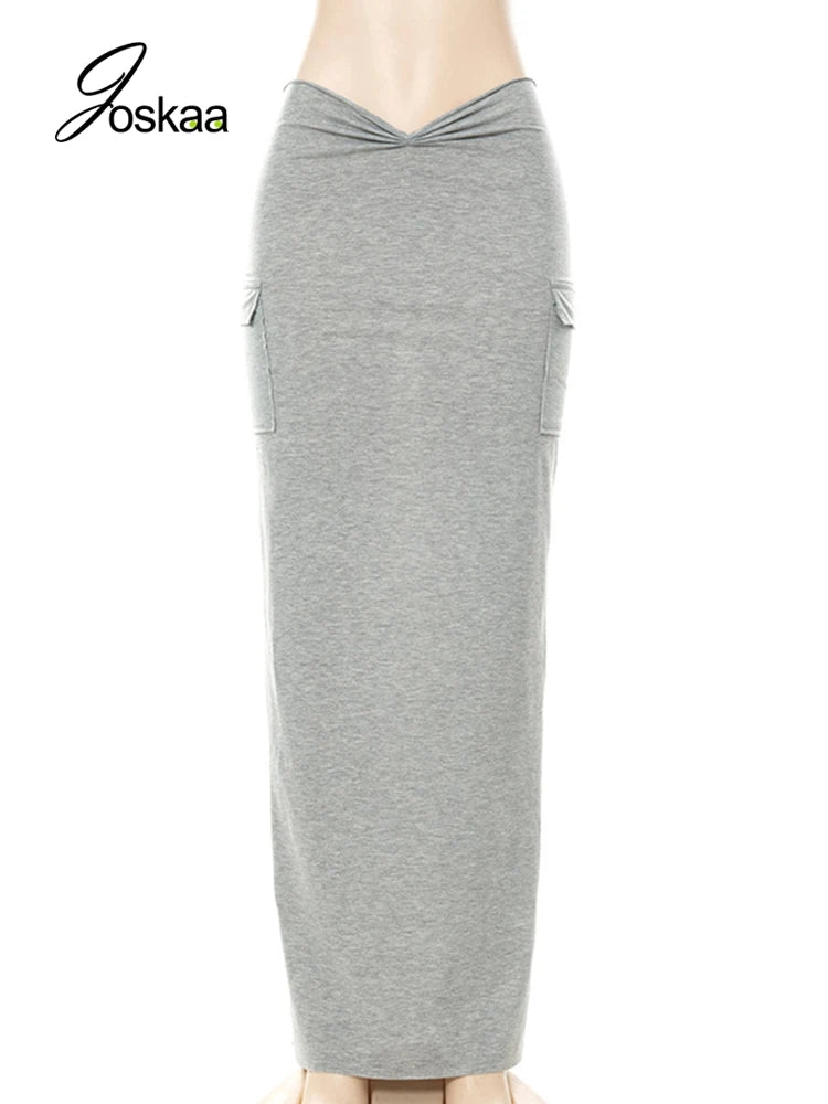Joskaa Gray High Waist Pocket Pleated Maxi Skirt Women Clothes Summer 2022 Casual Irregular Bodycon Long Skirts Sexy Streetwear