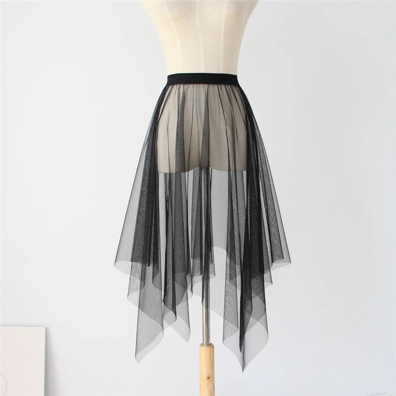 Long Black White Tulle Lace Mesh Skirt Women Petticoat Underskirt Summer Korean Irregular Cover Up Skirt Tutu Skirt For Girl