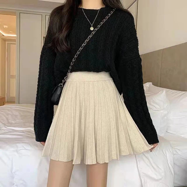 Lucyever 2022 Spring Summer Women Pleated Skirt Solid Color High Waist Knitted Skirt Woman Korean Fashion A Line Short Skirts