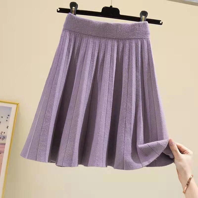 Lucyever 2022 Spring Summer Women Pleated Skirt Solid Color High Waist Knitted Skirt Woman Korean Fashion A Line Short Skirts