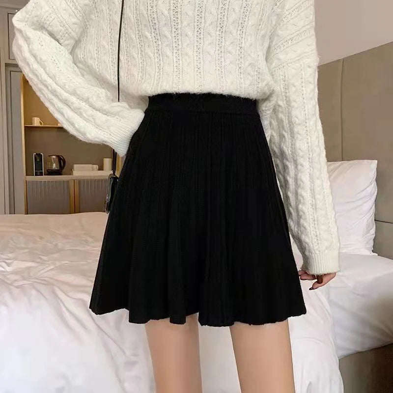 Lucyever 2022 Spring Summer Women Pleated Skirt Solid Color High Waist Knitted Skirt Woman Korean Fashion A Line Short Skirts