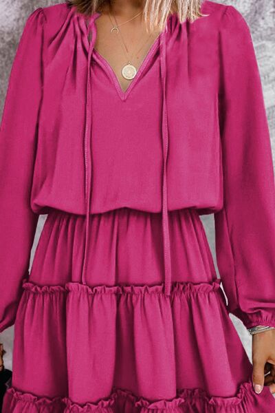Frill Tie Neck Balloon Long Sleeve Casual Dress for women