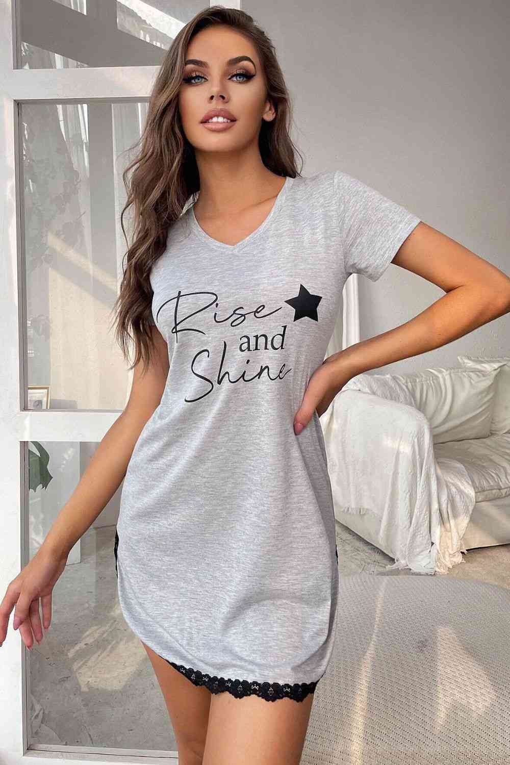 RISE AND SHINE Contrast Lace V-Neck Pajama T-Shirt Dress