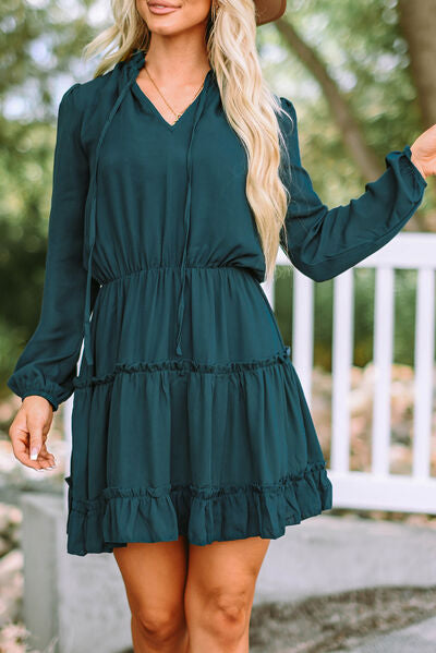 Frill Tie Neck Balloon Long Sleeve Casual Dress for women