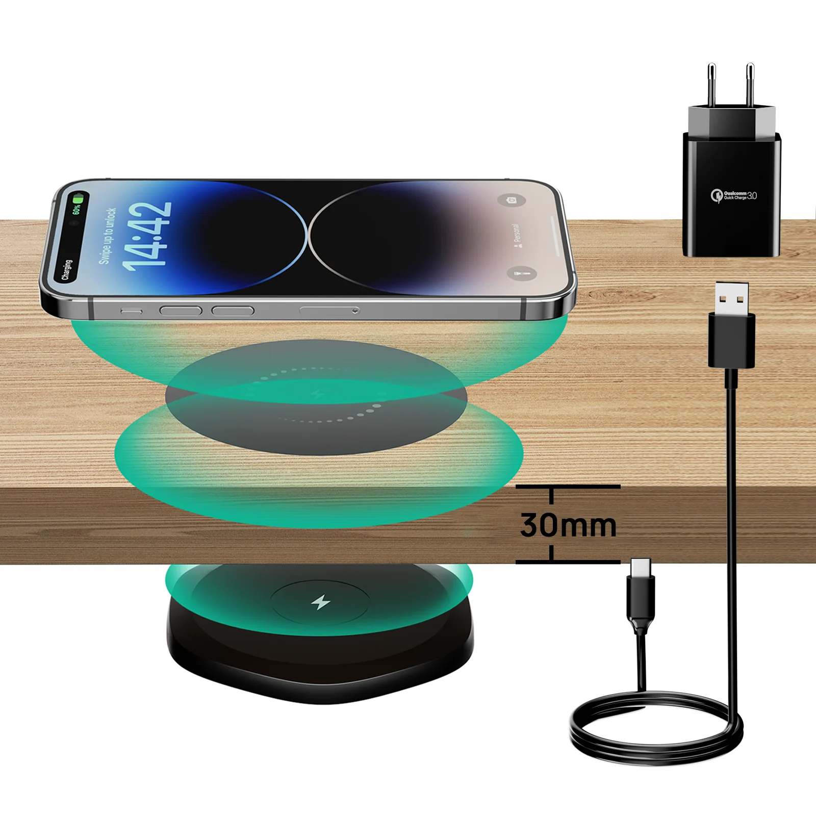 QI Charger 30mm Invisible Under Table Wireless Charger, Desk and Furniture Wireless Charging Station for cell phone
