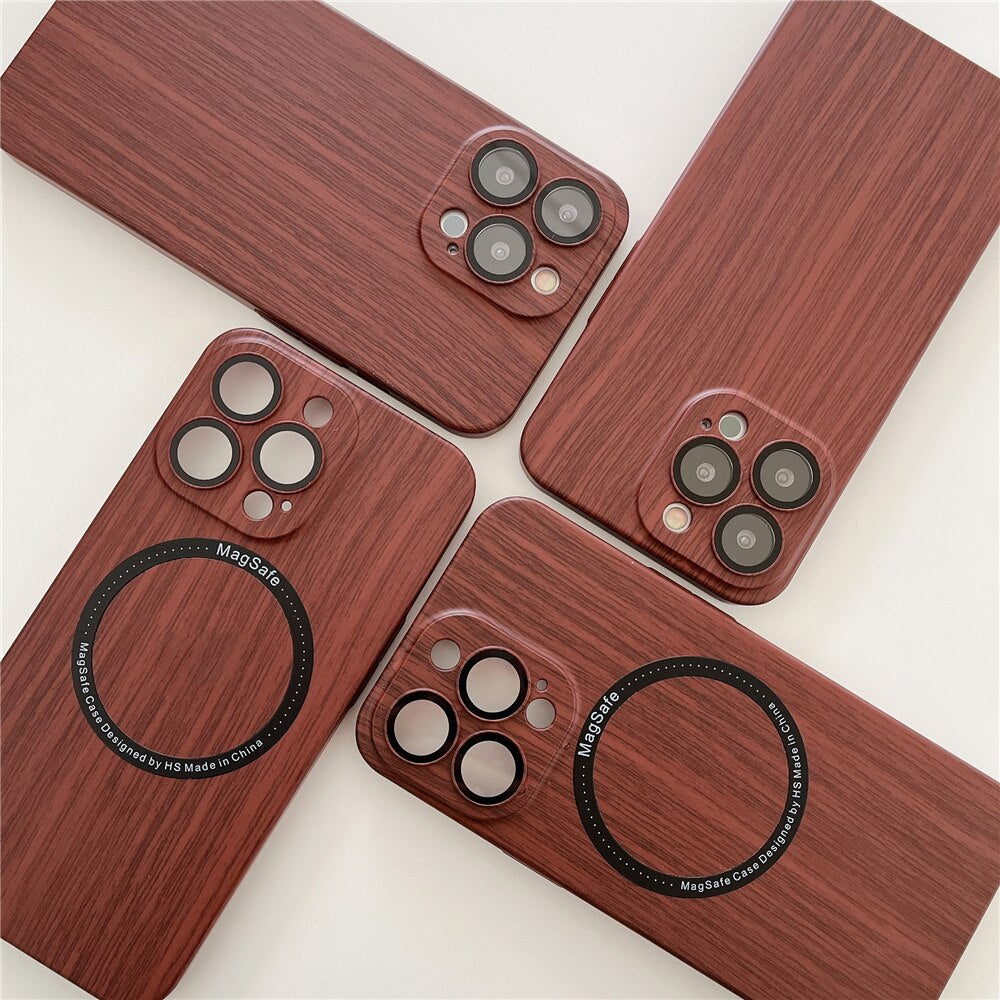 Wood Grain Case Compatible with Magsafe - Camera Lens Film Protective Hard Cover