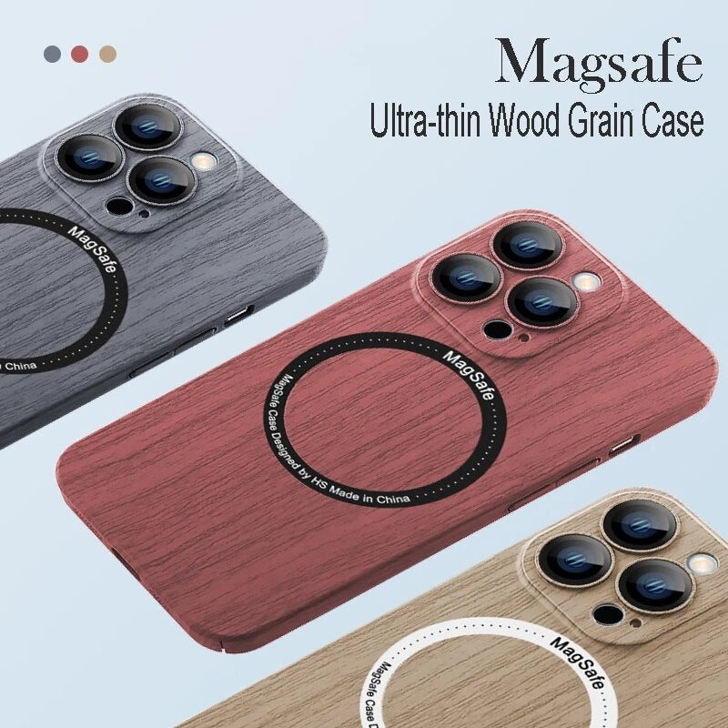 Wood Grain Case Compatible with Magsafe - Camera Lens Film Protective Hard Cover