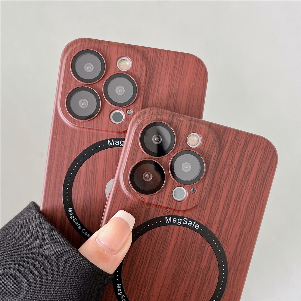 Wood Grain Case Compatible with Magsafe - Camera Lens Film Protective Hard Cover