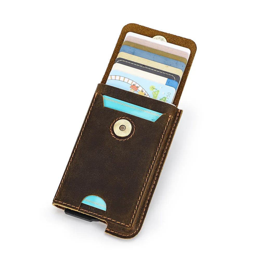 Vintage Genuine Leather RFID Blocking Cardholder Wallet for Men - Luxury Slim Card Wallet Case with Aluminum Metal Protection
