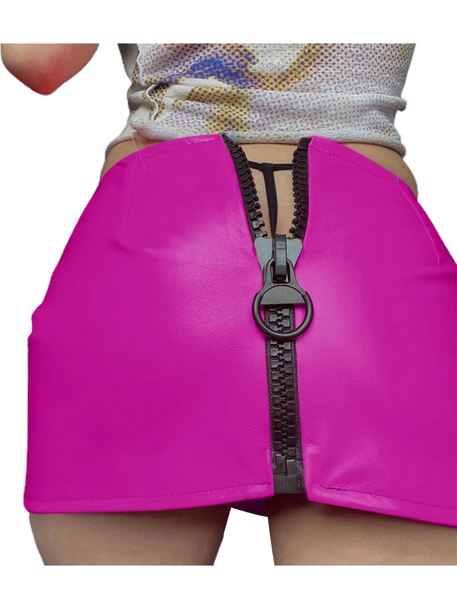 Women Leather Mini Skirt. Solid Color Low-Waist Pencil Miniskirt with Large Zipper for Girls. Green/Yellow/Rose Red