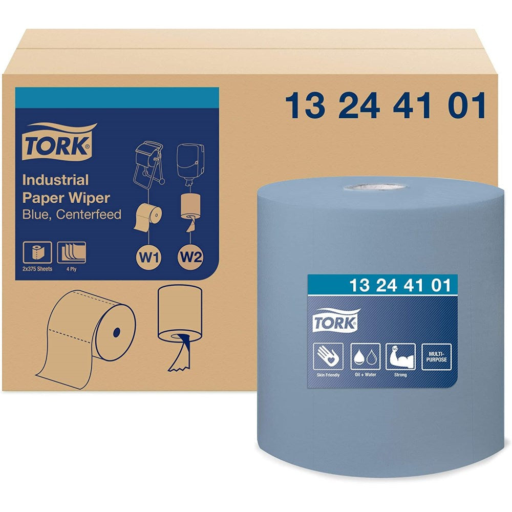Tork?? Advanced Industrial Paper Wiper, Centrefeed, 4-Ply, Blue, 375 Wipers/Roll, 2 Rolls/Case