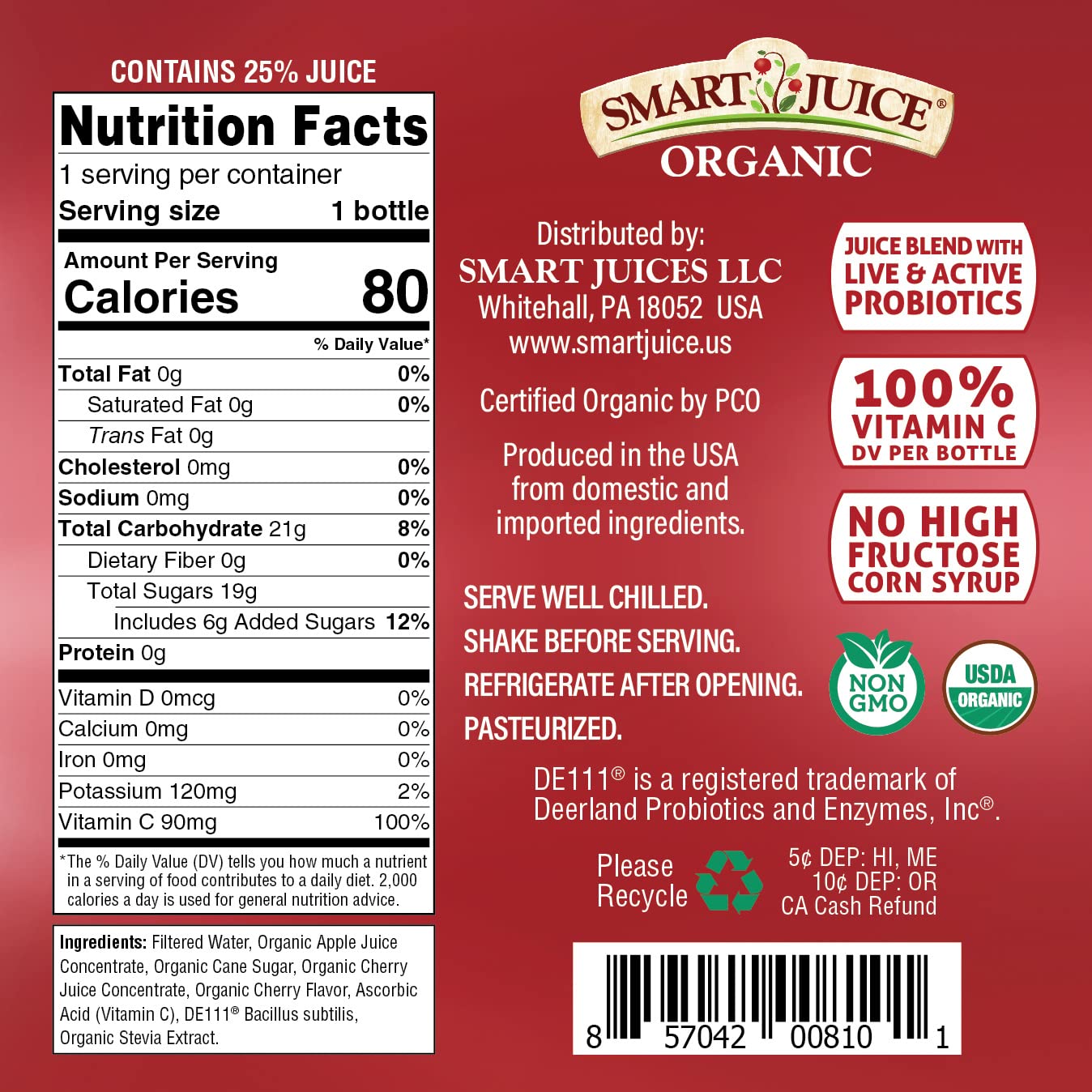Smart Juice Organic Probiotic Beverage, Cherry, 16oz (Pack of 12)