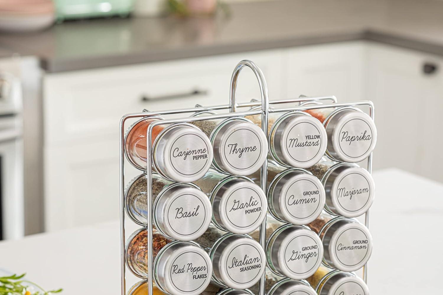 20 Jar Spice Rack Stainless Steel Filled with Spices - Standing Rack Shelf Holder & Countertop Spice Rack Tower Organizer for Kitchen Spices with Free Spice Refills for 5 Years