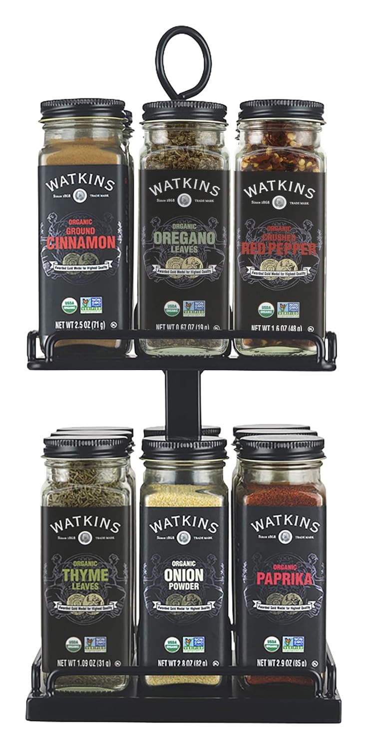 Watkins Countertop Two Tier Rotating Spice Rack, Includes 16 Organic Spices (16608)