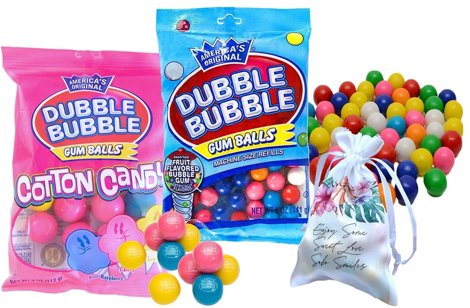 Dubble Bubble Cotton Candy and Fruit Flavored Gum Balls 2 Bags Bundle | Great for Gum ball Machine, Themed Party, Birthday, Halloween, Christmas Holiday Gift | Soko Smiles Pocket Bag Included