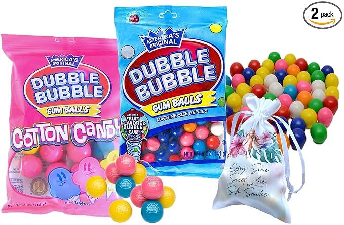 Dubble Bubble Cotton Candy and Fruit Flavored Gum Balls 2 Bags Bundle | Great for Gum ball Machine, Themed Party, Birthday, Halloween, Christmas Holiday Gift | Soko Smiles Pocket Bag Included