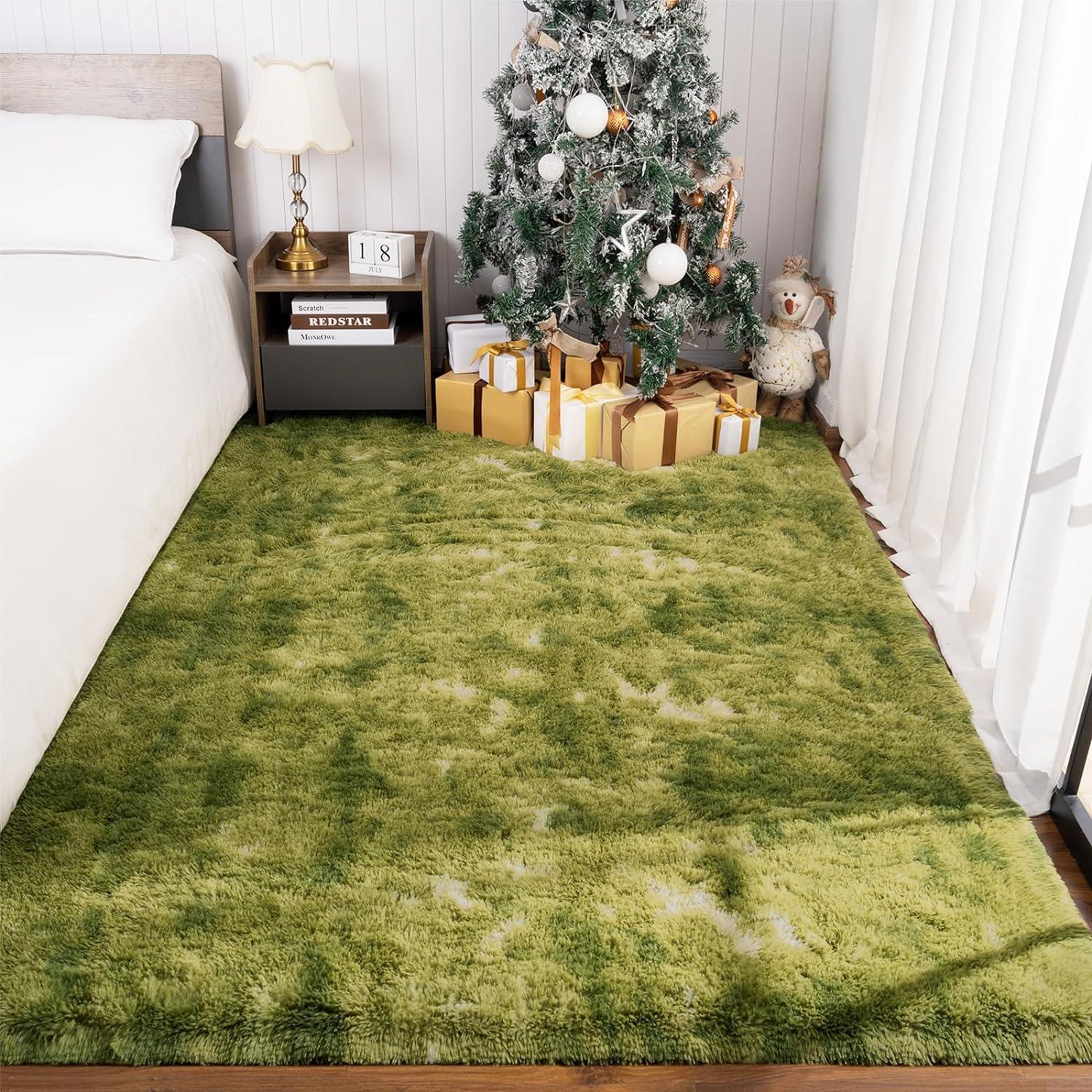 Maxsoft M Fluffy Shag Bedroom Rug, 6x9 Feet Tie-dye Green Area Rugs for Living Room Nursery Bedside, Fuzzy Plush Dorm Rug for Girls Kids, Furry Carpet for Indoor Modern Soft Home Decor