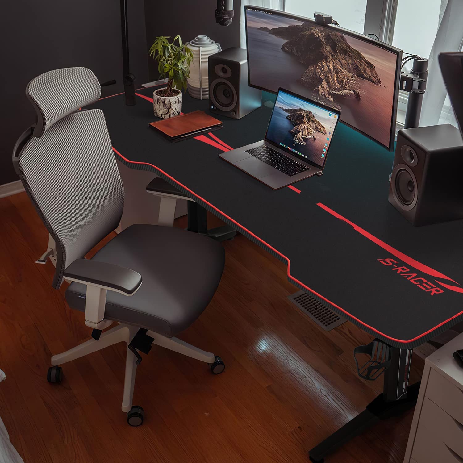 GOPLUS Gaming-Schreibtisch, Computer-Schreibtisch mit Getraenkehalter &  Kopfhoererhaken, Ergonomischer Gaming-Schreibtisch, K-foermige  Konstruktion, Schreibtisch