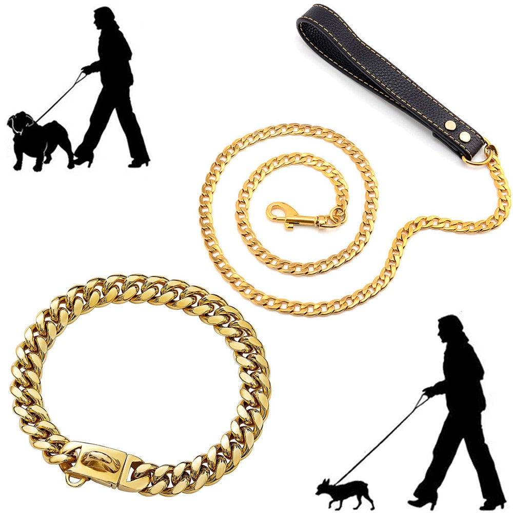 18K Golden Dogs Leash with Collar Suit Cuban Link Chain with PU Leather Handle for Dog Lead