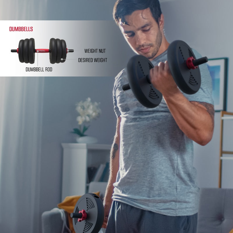 FitRx SmartBell Gym, 60lb 4-in-1 Portable Interchangeable Dumbbell, Barbell, and Kettlebell Set with Adjustable Weights