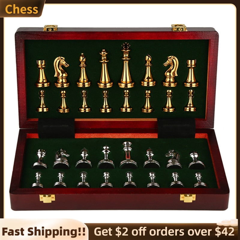Chess Set with Wooden Chessboard Metal International Chess Pieces Family Board Game Toys Indoor Decoration for Adult Kids Gifts