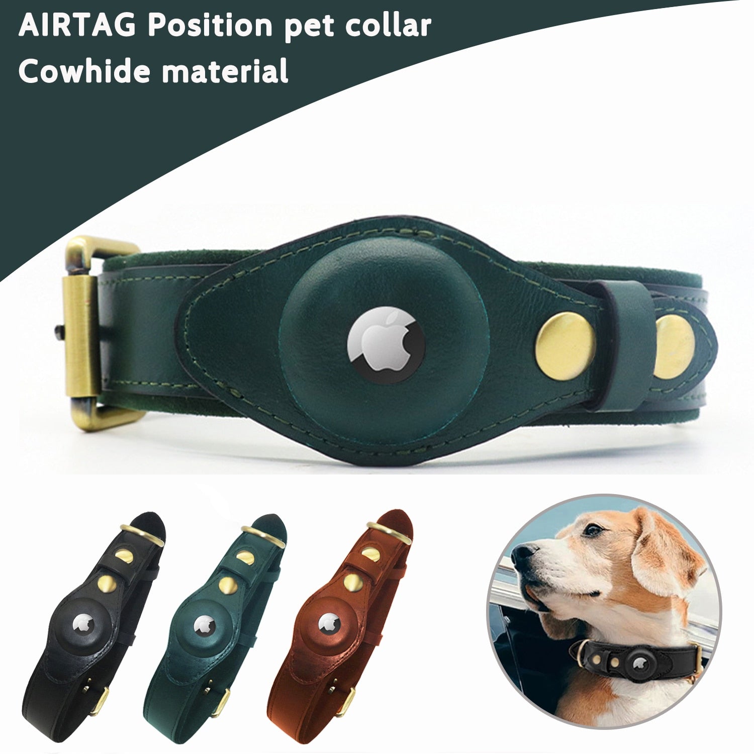 Genuine Leather Airtag Dog Collar with Apple Airtag Holder Case Pet GPS Location Tracker