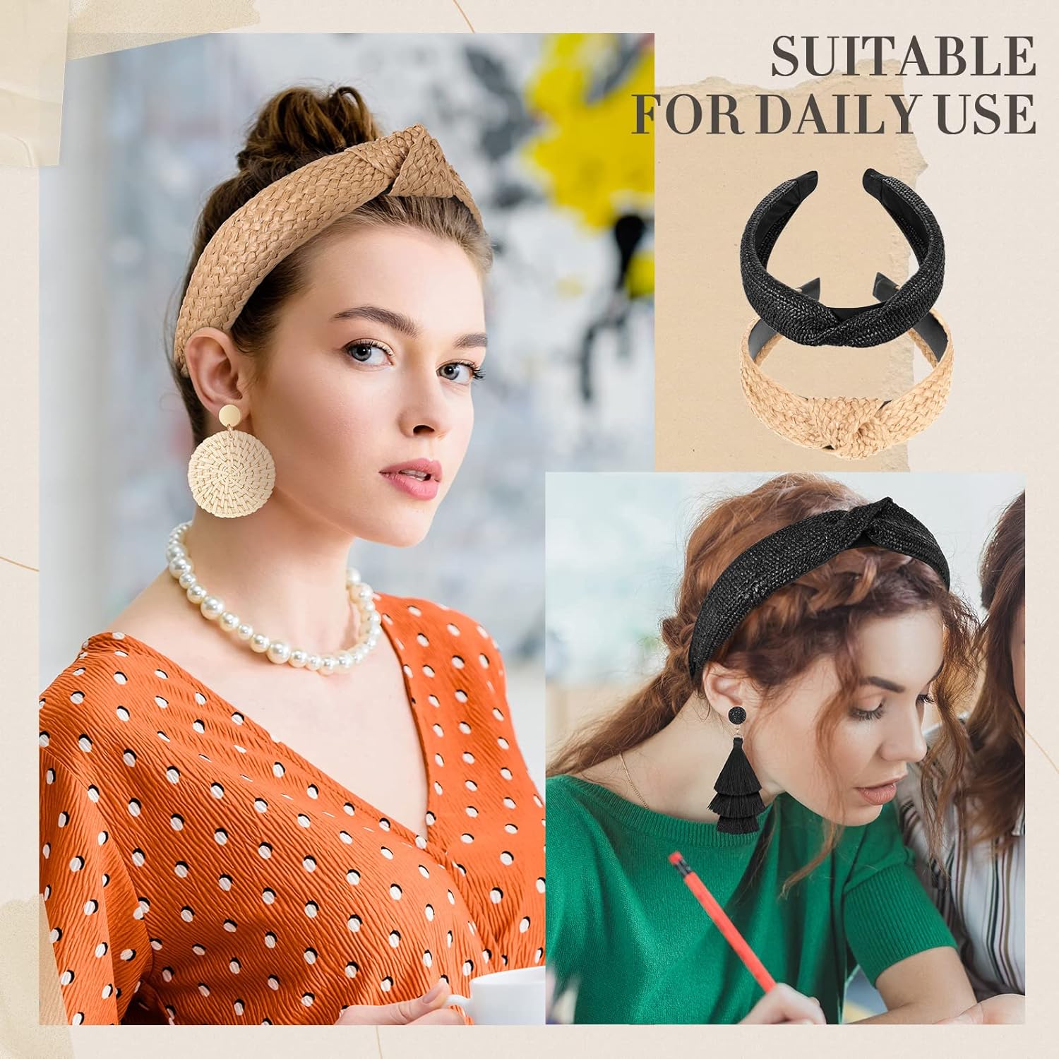 4 Pack Straw Knotted Headbands Rattan Earrings Set Christmas Gift