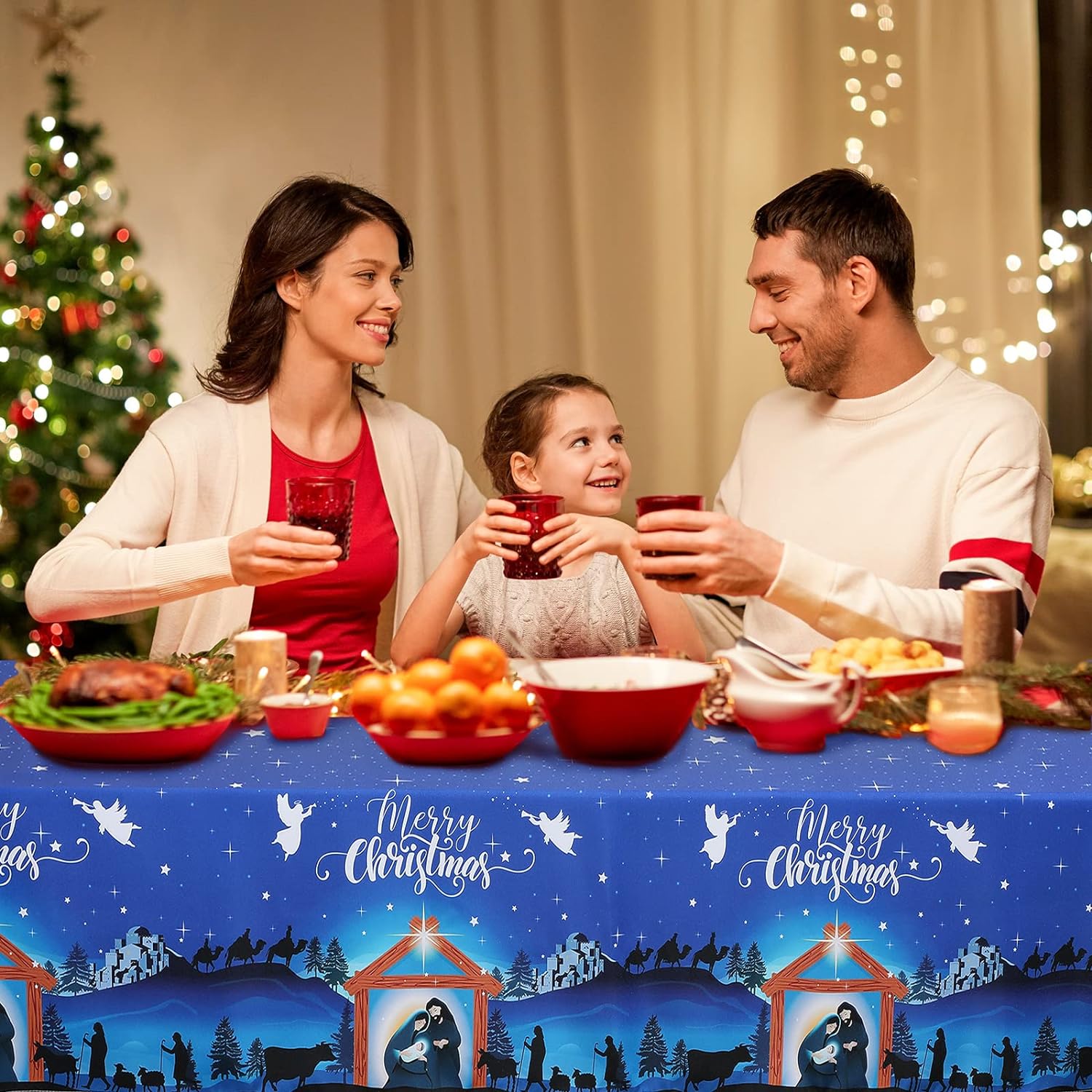 84x60 inch Christmas Tablecloth Fabric Xmas Nativity Scene Table Cover
