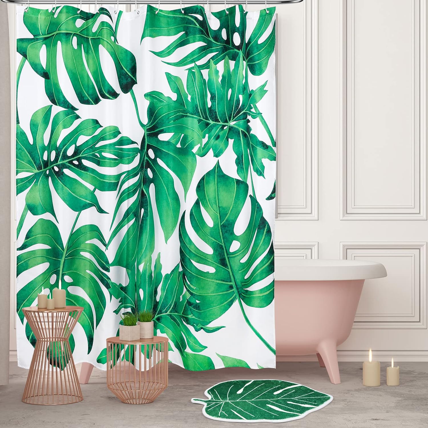 2 Pcs Tropical Green Plant Shower Curtain and Bath Rug Mat, Leaves Bathroom Curtains with 12 Hooks and Bath Mat