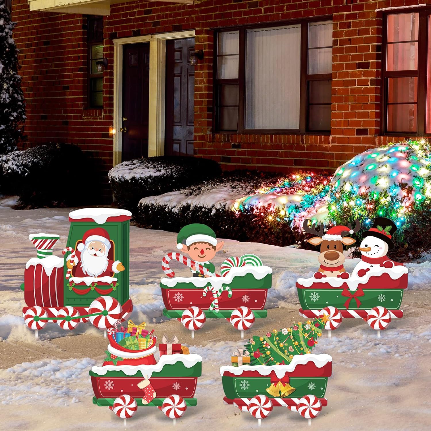 5 Pcs Christmas Decorations Outdoor Christmas Train Yard Sign with Stakes Santa Snowman Elf Candy Christmas Tree