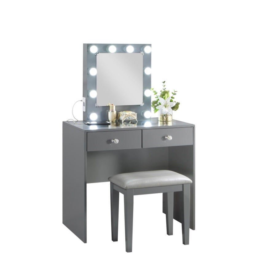 ZUN Gray Makeup Vanity and Stool Set with 10 Lights and USB Port and Power Outlet, 2x Drawers Luxurious B011P146566