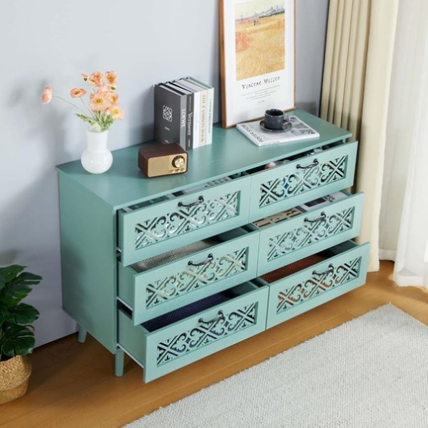 ZUN 6 Dresser, Modern Dresser with Metal Handles, Wood Storage Chest of, Wide Dresser W295P149912