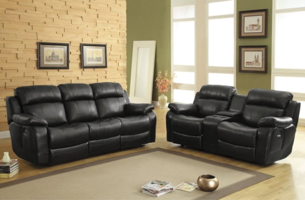 ZUN Contemporary Black Faux Leather Upholstered 1pc Double Reclining Sofa w/ Center Drop-Down Cup Holder B011130715