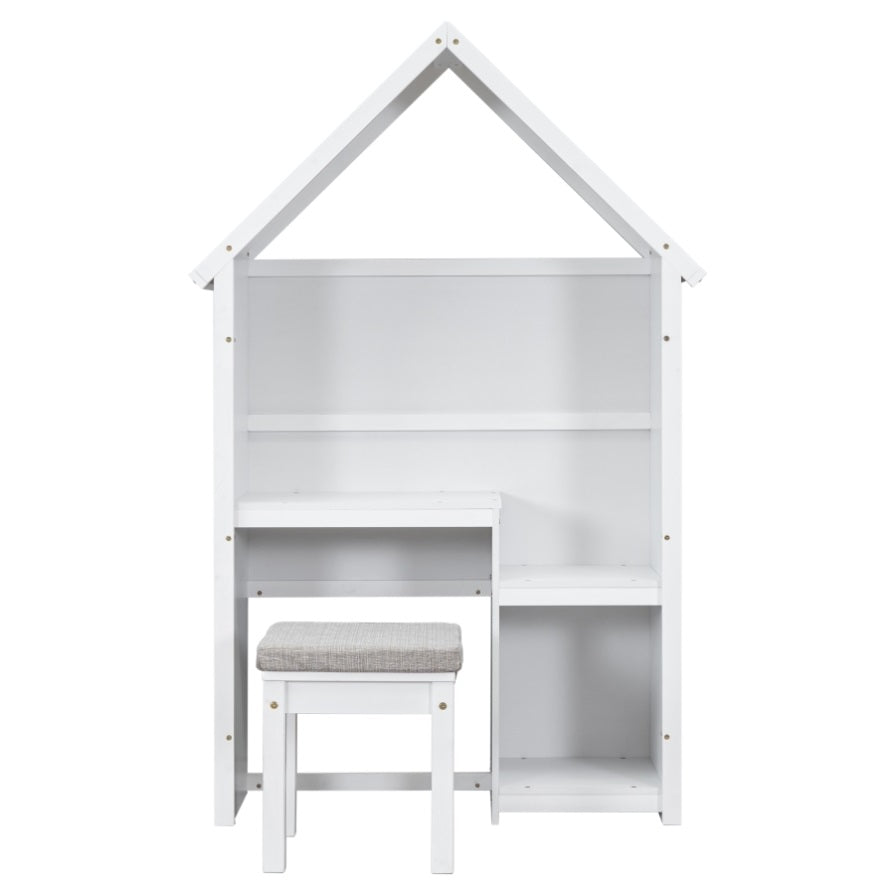 ZUN House-Shaped Kids Desk with a cushion stool,House-Style Desk and Stool Set,White W50489970