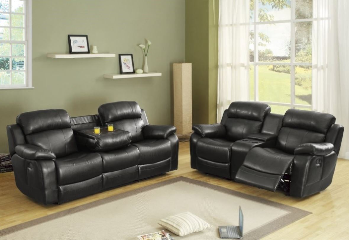 ZUN Contemporary Black Faux Leather Upholstered 1pc Double Reclining Sofa w/ Center Drop-Down Cup Holder B011130715