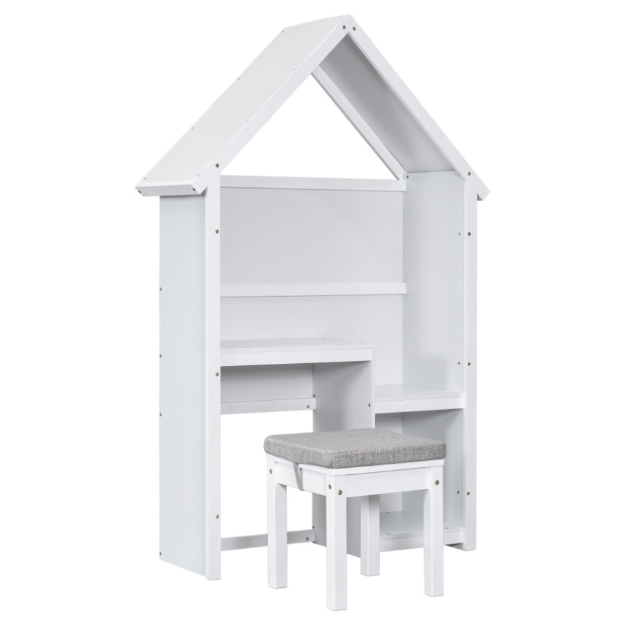 ZUN House-Shaped Kids Desk with a cushion stool,House-Style Desk and Stool Set,White W50489970