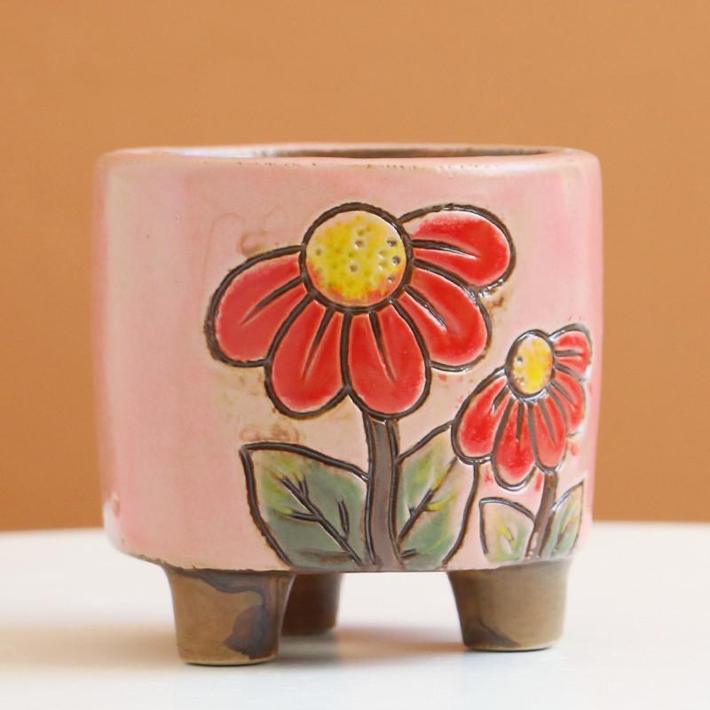 Small Ceramic Stoneware Relief Hand-painted Succulent Pot