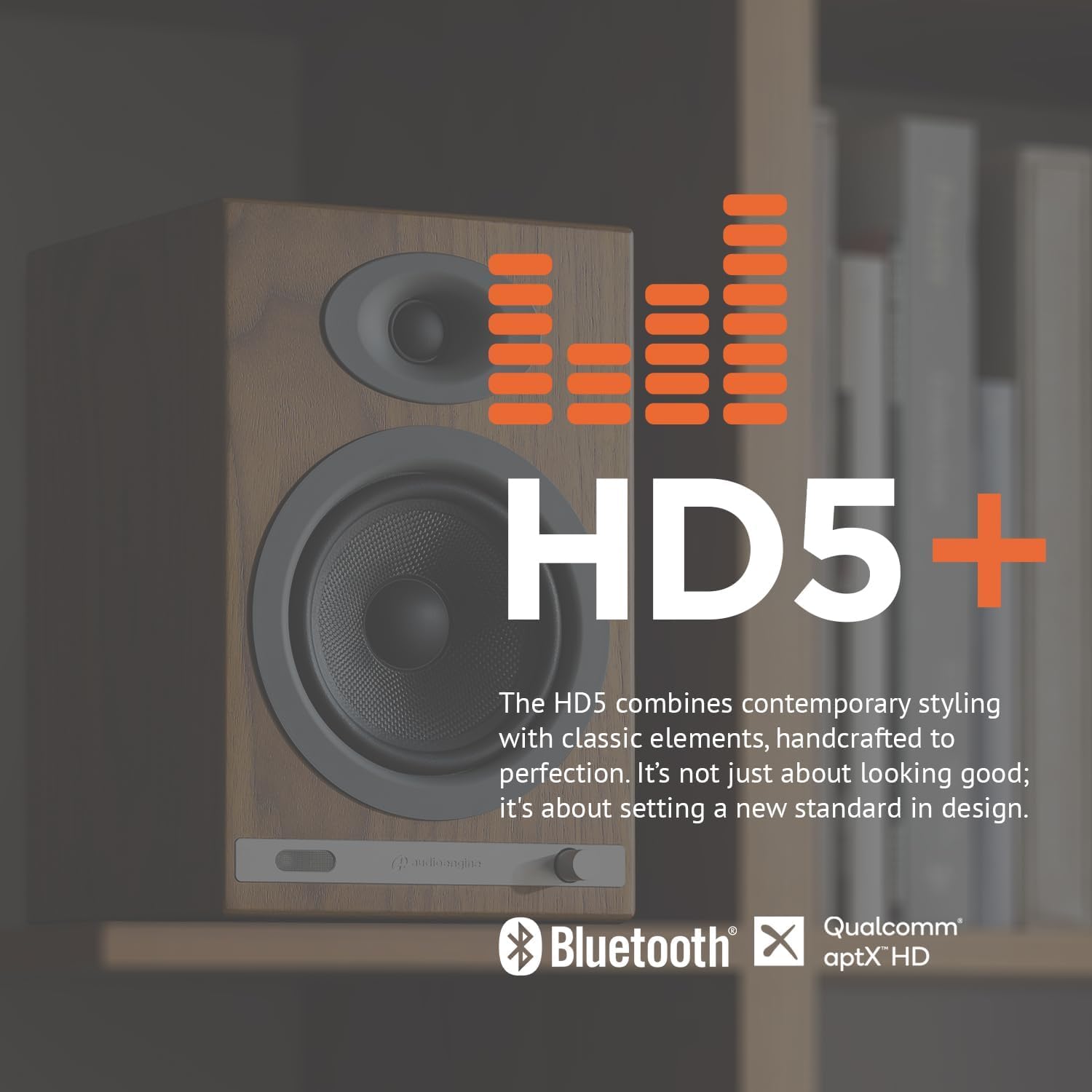 Audioengine HD5 Wireless Speakers with Bluetooth - 150W Powered Bookshelf Speakers with aptX-HD, AUX, Optical, RCA, 24-bit DAC (Walnut, Pair)