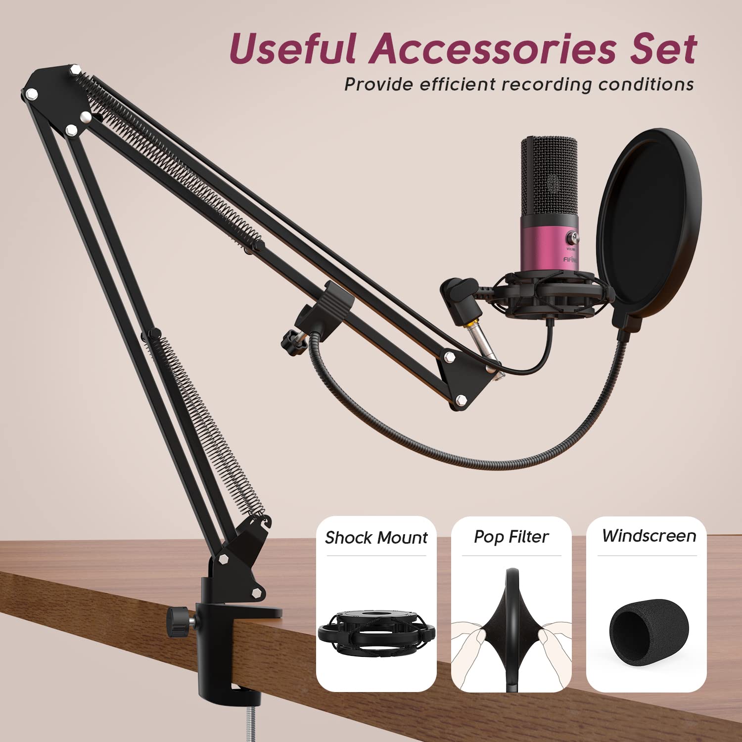 FIFINE Podcast Microphone Kit-USB PC Computer Recording Microphone, Condenser Mic Set for Streaming, Gaming, Voice-Over, Meeting, with Arm Stand, Shock Mount, Pop Filter-T669 Rose Red