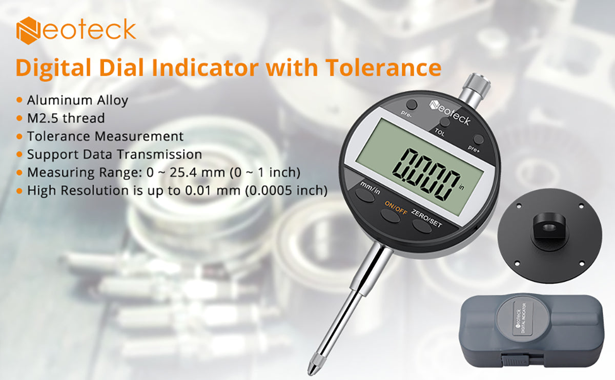 Neoteck Digital Dial Indicator with Tolerance Function 0-25.4mm/1", 0.01/.0005"