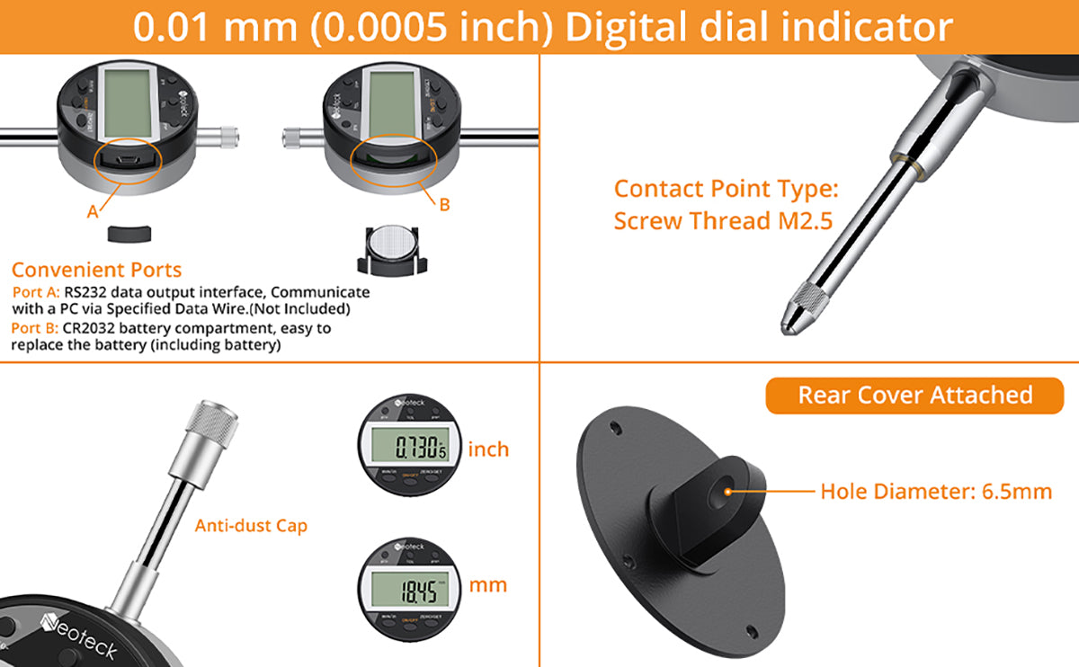 Neoteck Digital Dial Indicator with Tolerance Function 0-25.4mm/1", 0.01/.0005"