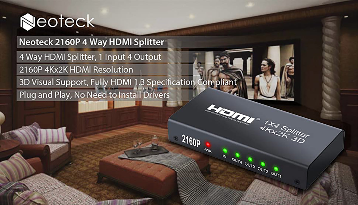 Neoteck 2160P 4Kx2K 4 Way HDMI Splitter