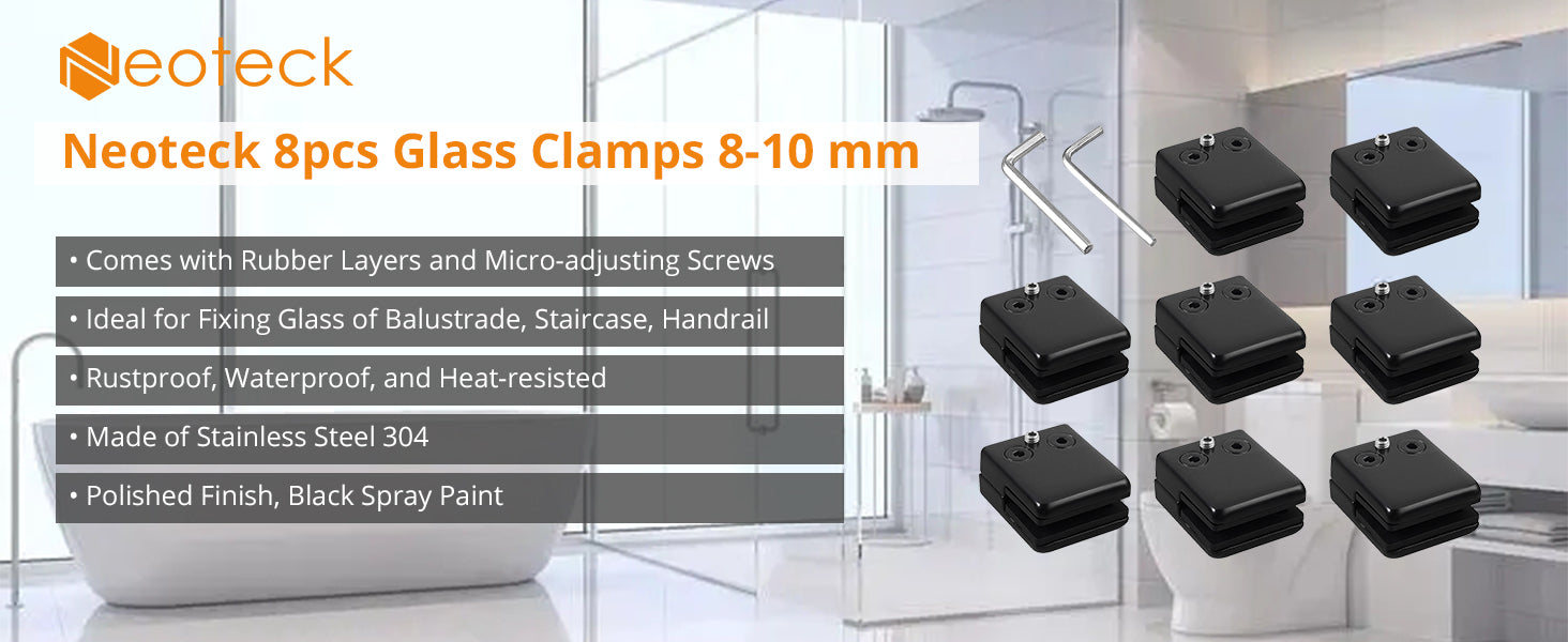 Neoteck Square Glass Clamp 8PCS 8-10mm Stainless Steel 304 Black