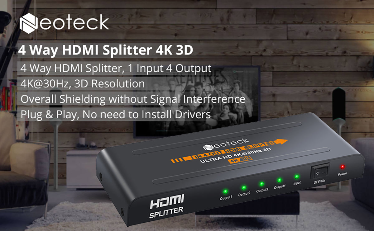 Neoteck 1 in 4 out HDMI Splitter Support 4K@30Hz, 3D