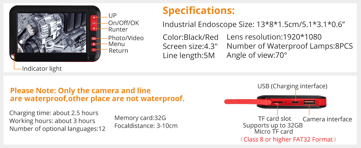 Neoteck Industrial Endoscope Inspection Camera HD 4.3 Inch