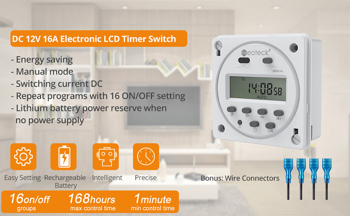 Neoteck DC 12V Timer Switch 16A Digital Electronic LCD