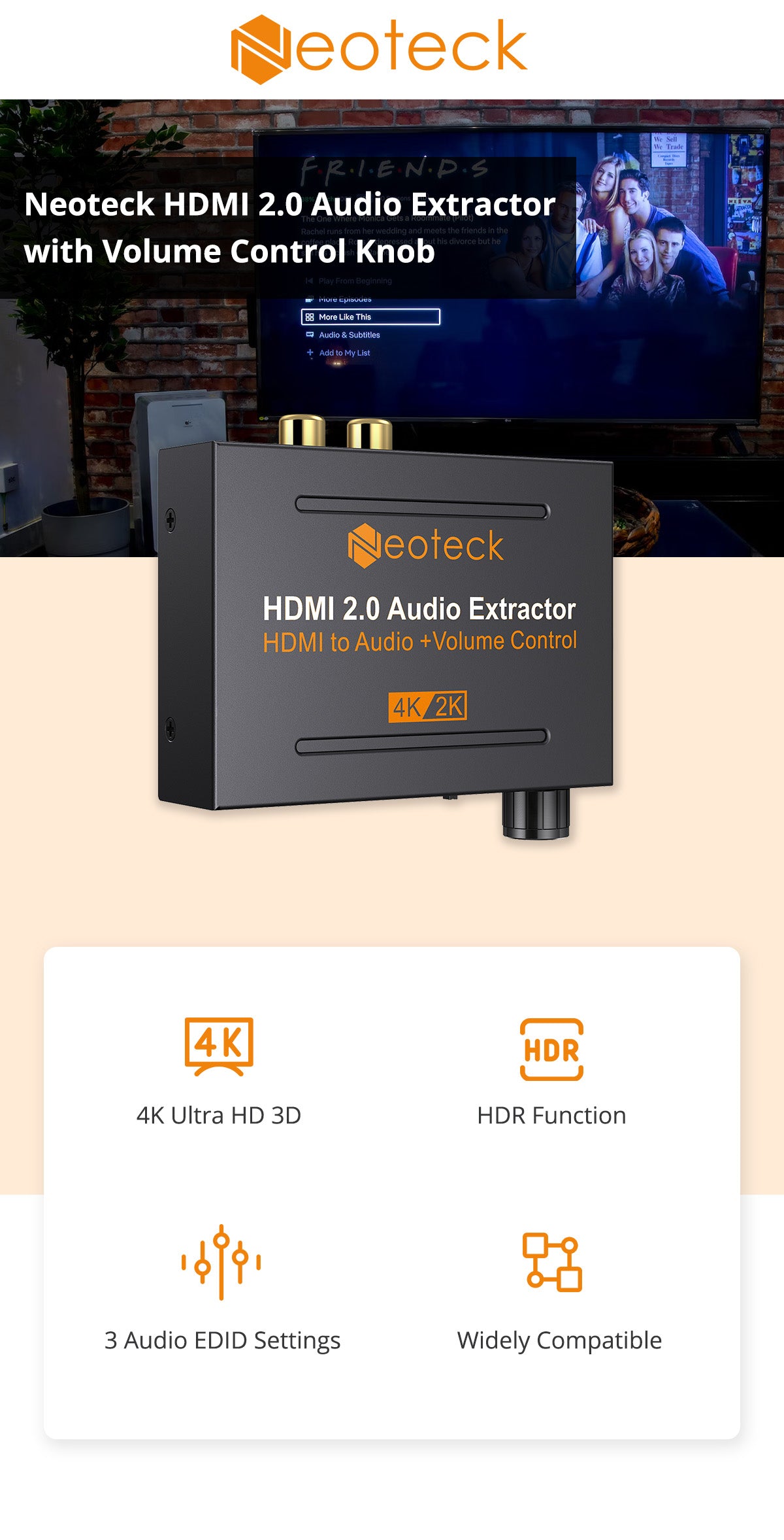 Neoteck HDMI 2.0 Audio Extractor Support 4K/60Hz YUV 4:4:4 and HDR